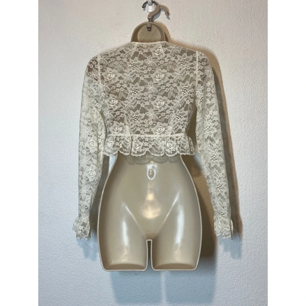 Vintage Style Cream Floral Lace Crop Shrug Bolero Tie Front Ruffle Trim Ivory XS